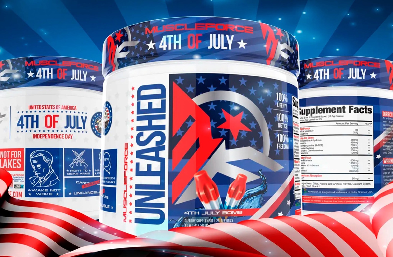 MuscleForce Unleashed 4th of July pre-workout — packaging & campaign design by Thiago Gomes