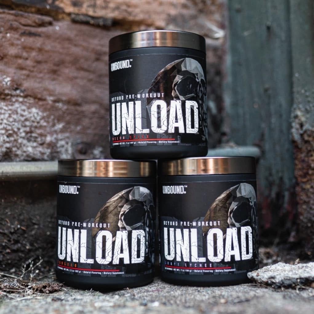 Unbound UNLOAD pre-workout jars — packaging design by Thiago Gomes