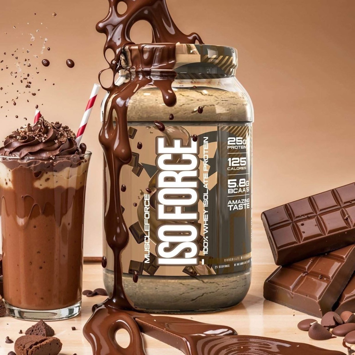 MuscleForce ISOFORCE chocolate whey protein — product rendering by Thiago Gomes