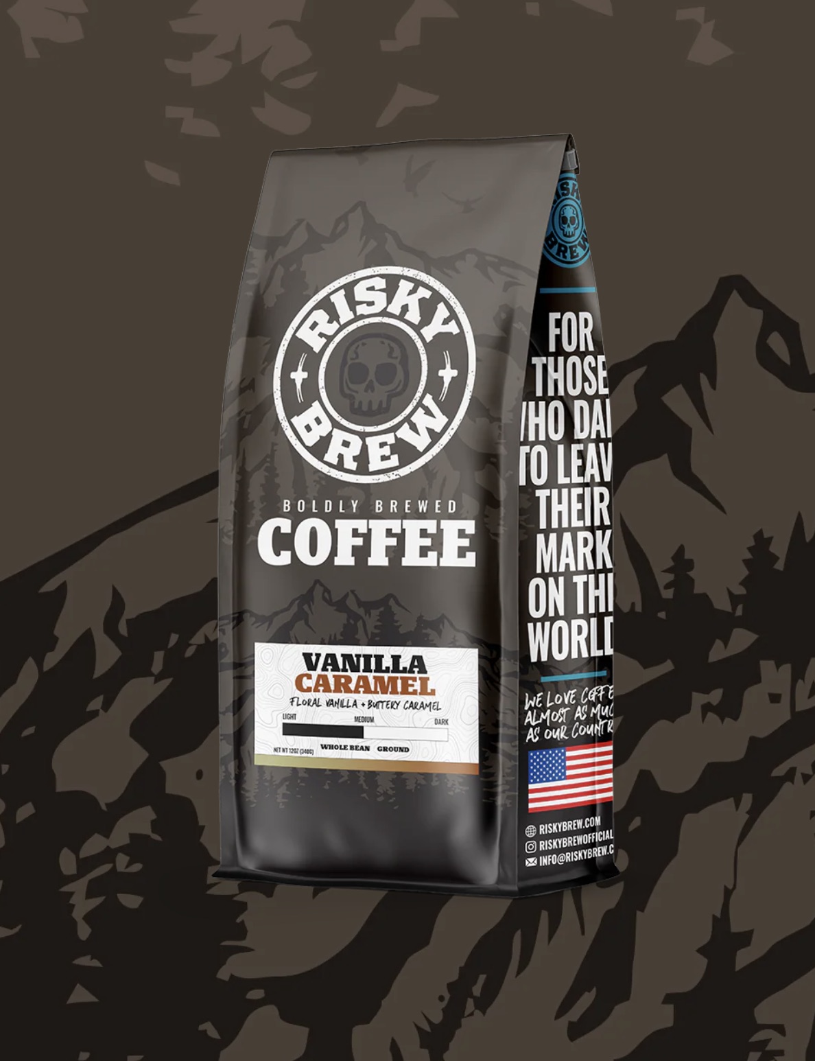 Risky Brew Coffee vanilla caramel bag — brand identity by Thiago Gomes