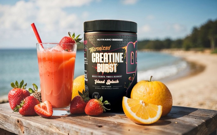 NutraBio Creatine Burst product photography on a beach by Thiago Gomes
